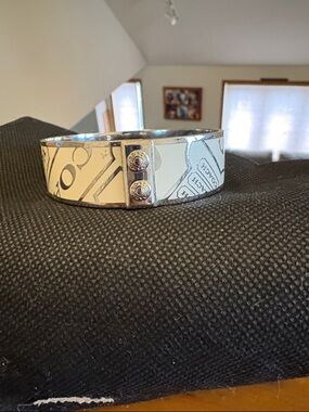 Coach Cream and Silver Enamel Logo Hinge Bangle